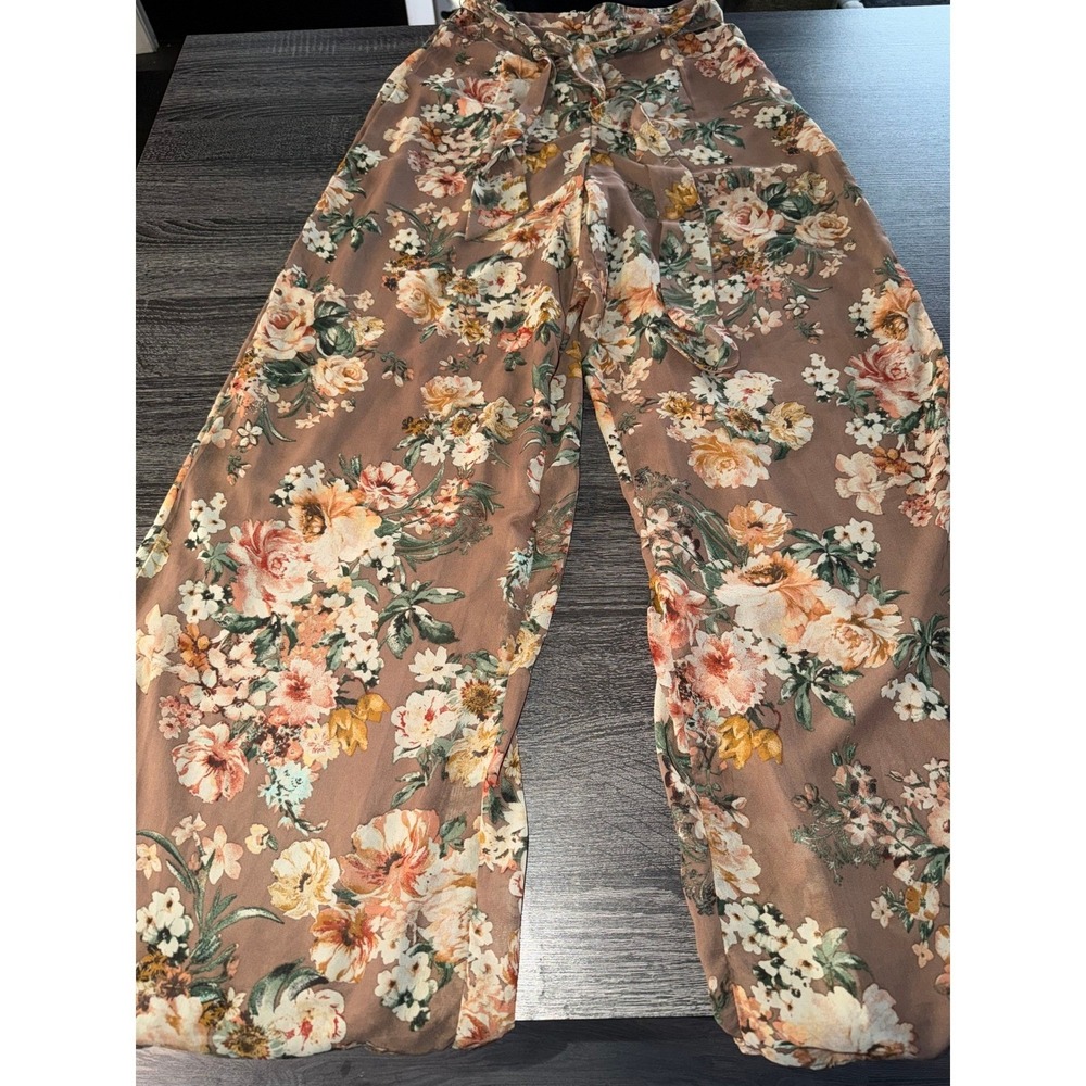 Windsor Floral Wide Leg Pants Mauve Brown High Waisted Boho Chiffon Small - Picture 3 of 9